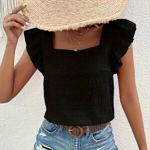 NWOT Women's Solid Black Puff Sleeve Ruffle Trim Square Neck Blouse